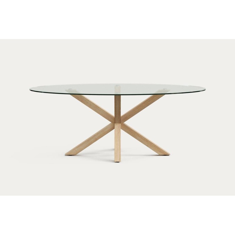 Mesa ovalada Argo de cristal transparente 200 x 100 cm con patas metálicas color madera