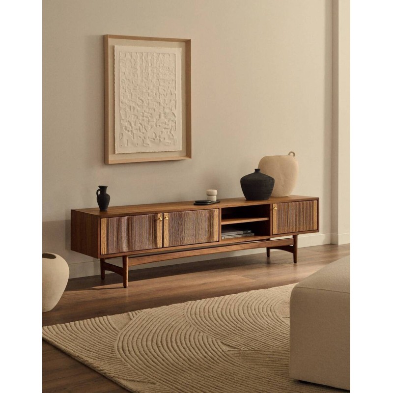 Mueble tv elan 3 puertas chapa de madera maciza nogal y cuerda 200x40x50cm