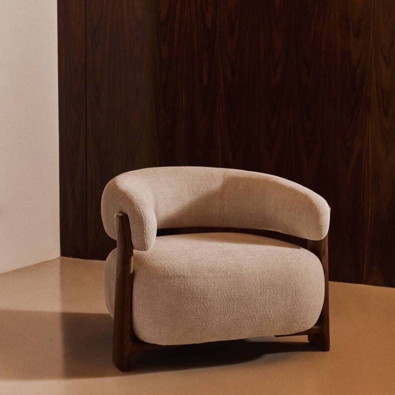 Granite armchair in beige chenille with solid ash wood legs, walnut finish, FSC 100% certified