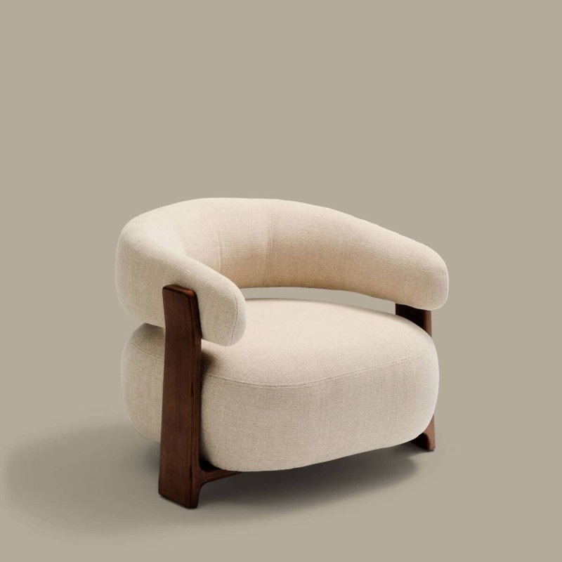 Granite armchair in beige chenille with solid ash wood legs, walnut finish, FSC 100% certified