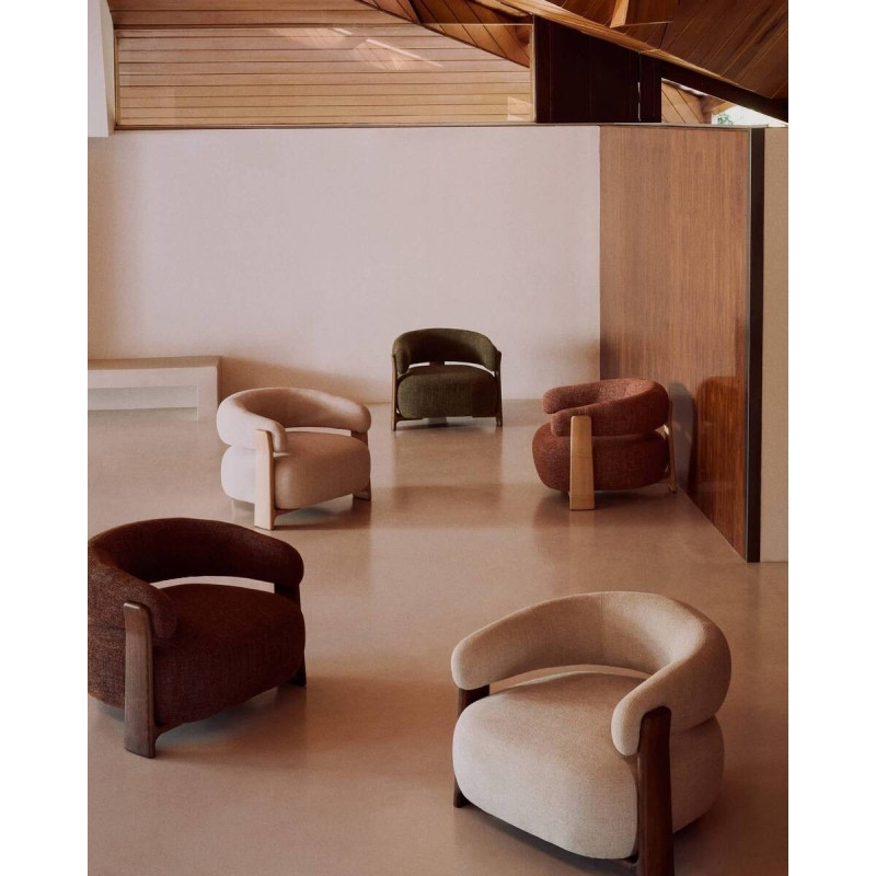 Granite armchair in beige chenille with solid ash wood legs, walnut finish, FSC 100% certified