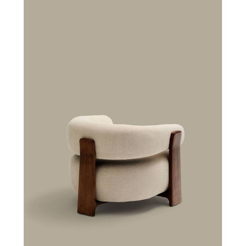 Granite armchair in beige chenille with solid ash wood legs, walnut finish, FSC 100% certified