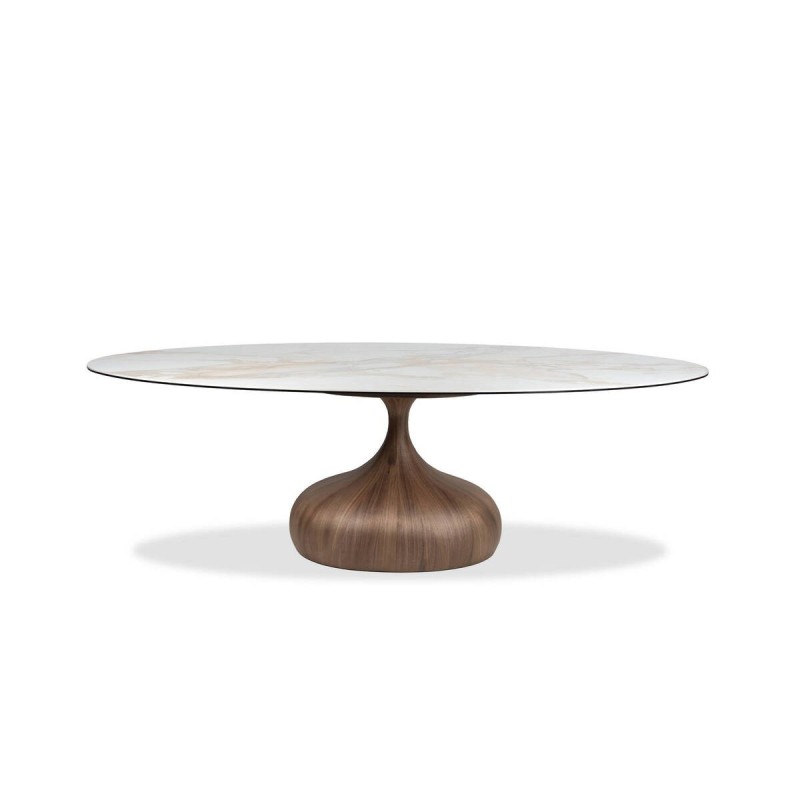Kaura oval dining table with white ceramic top and walnut wood base, 240cm