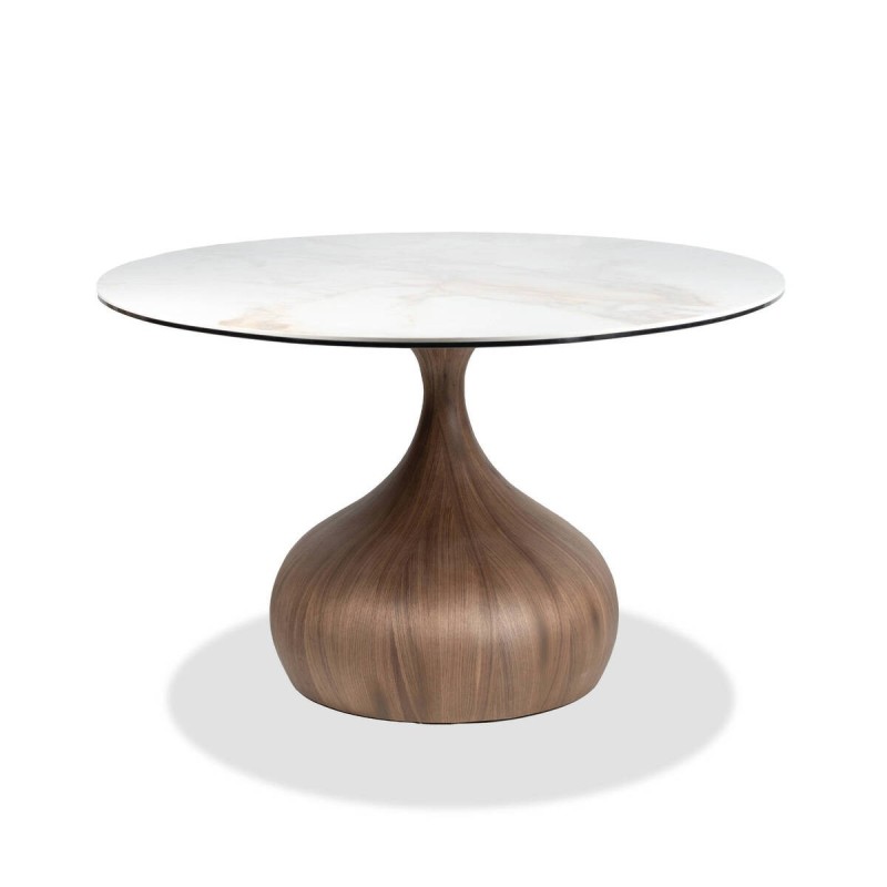 Kaura oval dining table with white ceramic top and walnut wood base, 240cm