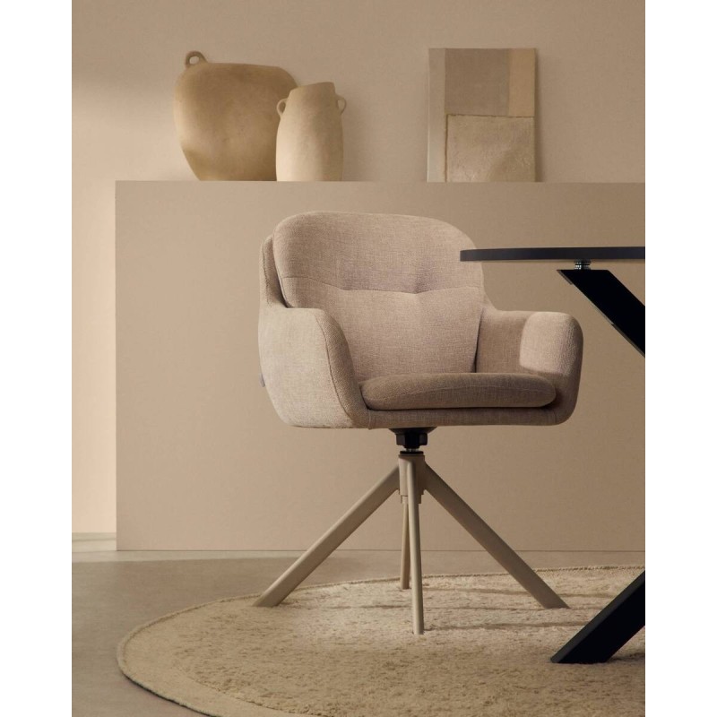 Lexa swivel chair in beige chenille with beige-finished steel legs