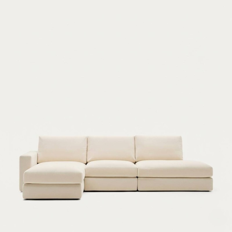 Alea modular sofa with removable covers, 5 seats, chenille, left chaise longue, ecru, 340 cm