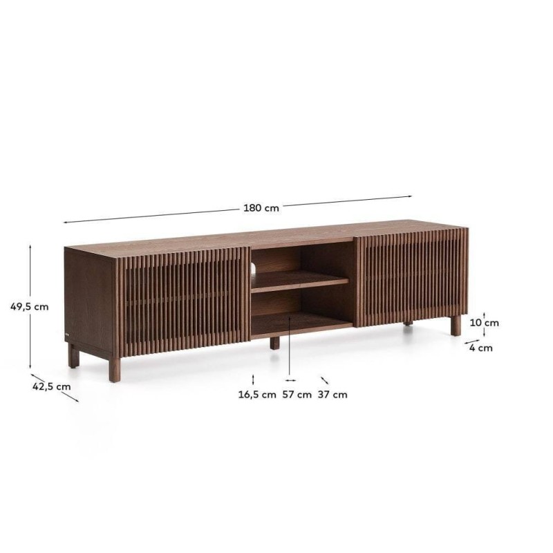 Mueble TV Beyla de chapa y madera maciza de fresno con acabado tono nogal 180 x 49,5 cm FSC 100%