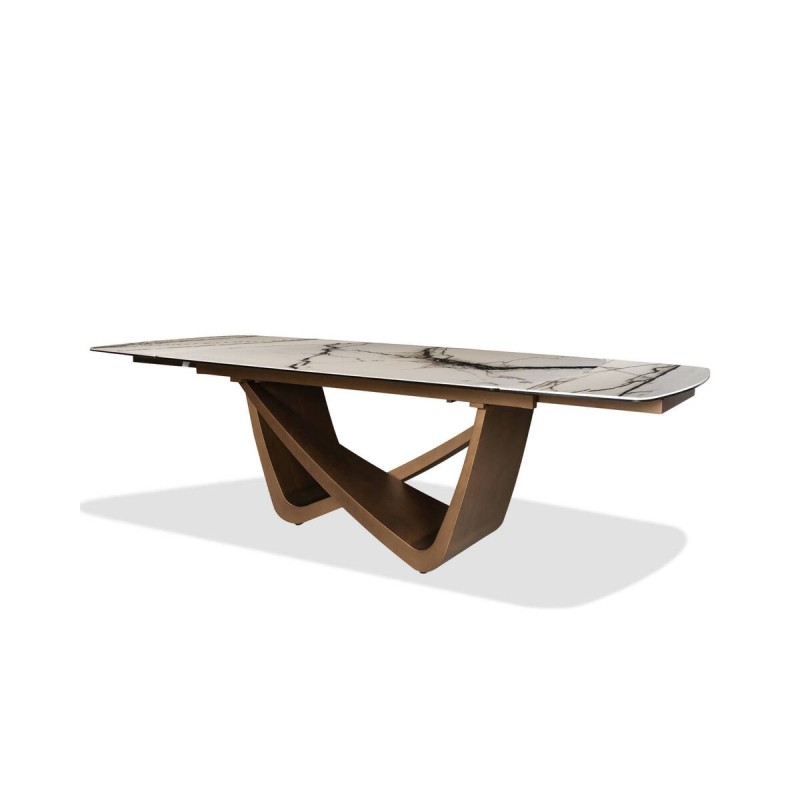 Mesa de comedor calix extensible en cerámica brillo blanco y base bronce 180/270x100x76cm