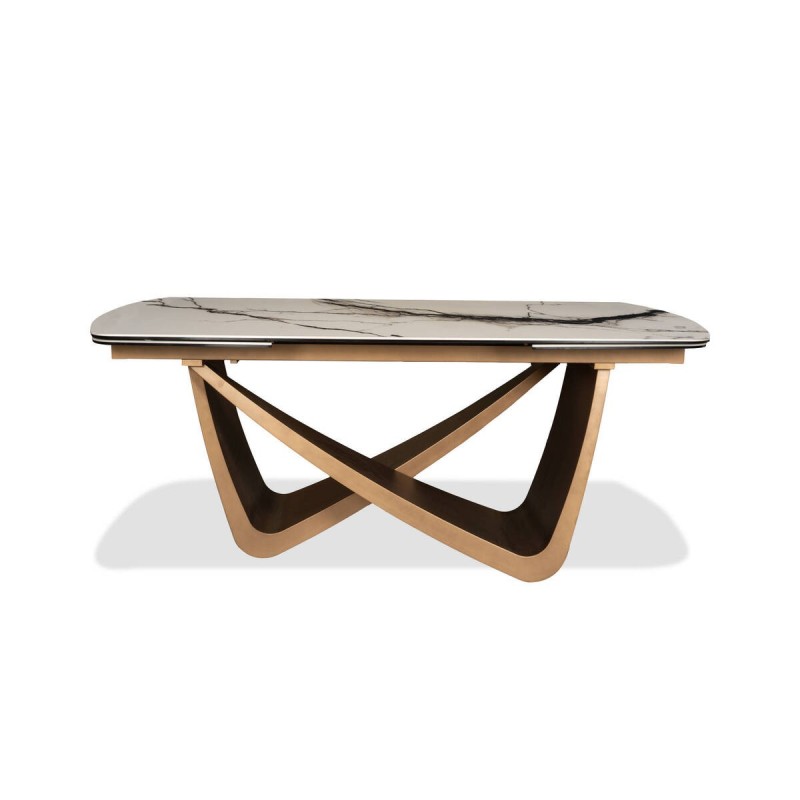 Mesa de comedor calix extensible en cerámica brillo blanco y base bronce 180/270x100x76cm