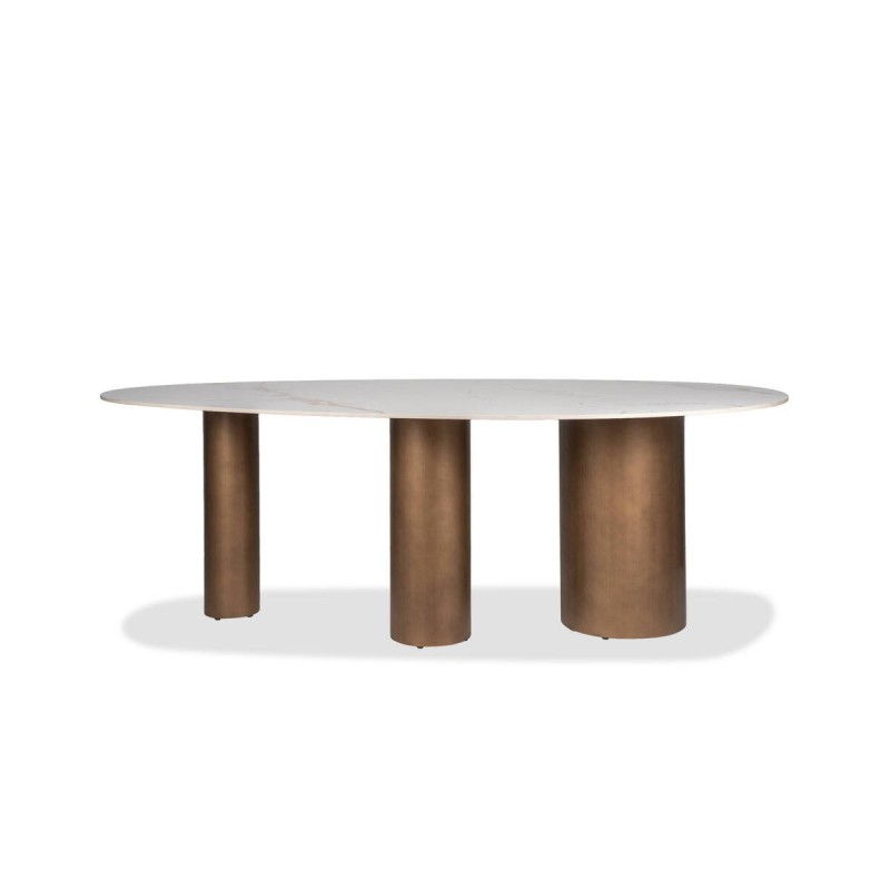 Mesa alina ovalada cerámica con patas cilíndricas en bronce cepillado 220x110x76cm