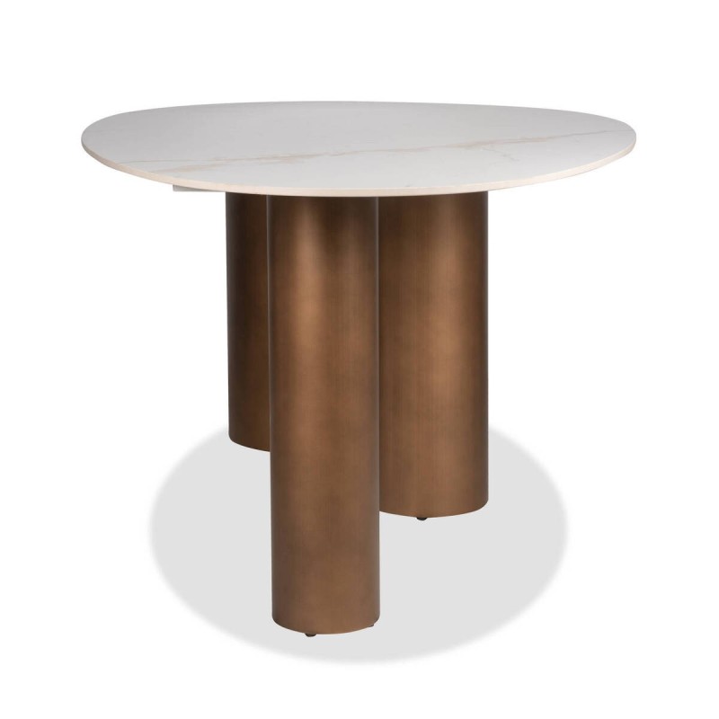 Mesa alina ovalada cerámica con patas cilíndricas en bronce cepillado 220x110x76cm