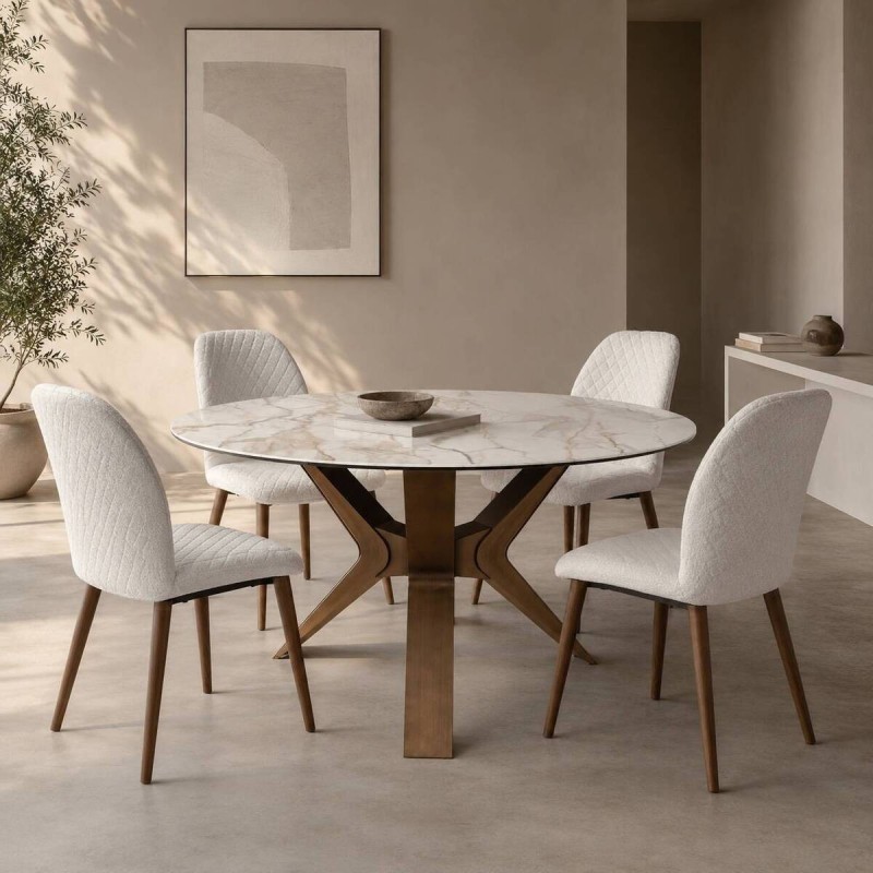 Mesa de comedor redonda Marla con base de bronce y tapa de cerámica blanca 135cm