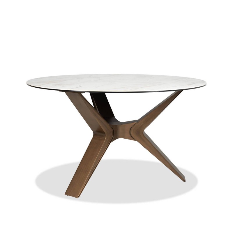 Mesa de comedor redonda Marla con base de bronce y tapa de cerámica blanca 135cm