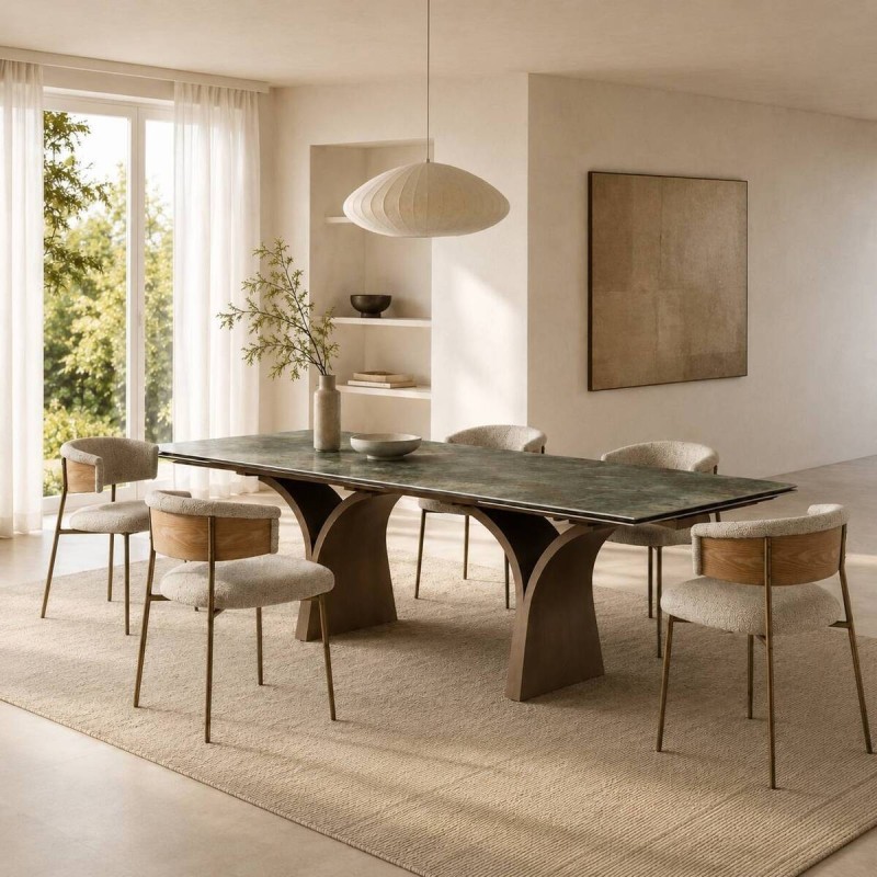 Mesa de comedor extensible luvia con tapa de cerámica verde 200/300x100x76cm
