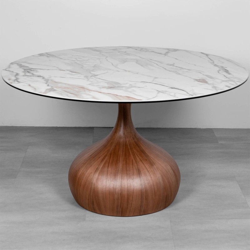 Mesa Lujin de comedor redonda cerámica blanca con base efecto nogal 135cm