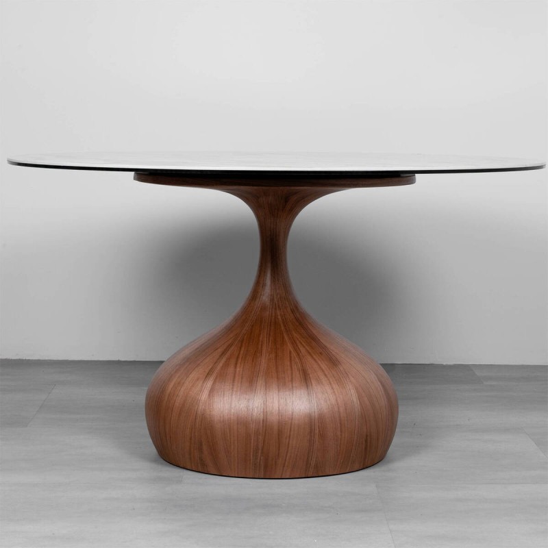Lujin round dining table, white ceramic with walnut effect base, 135cm
