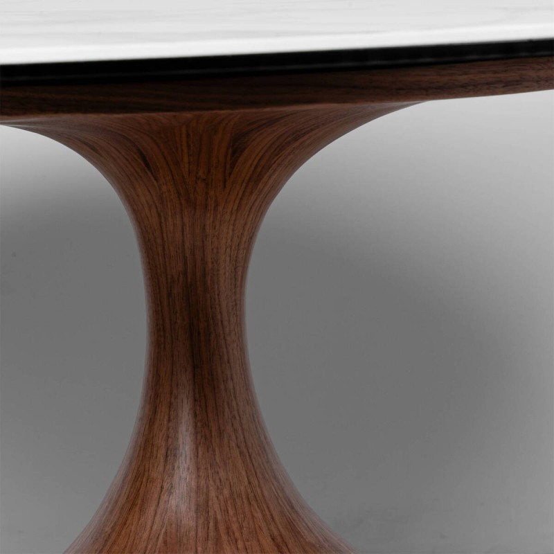 Mesa Lujin de comedor redonda cerámica blanca con base efecto nogal 135cm