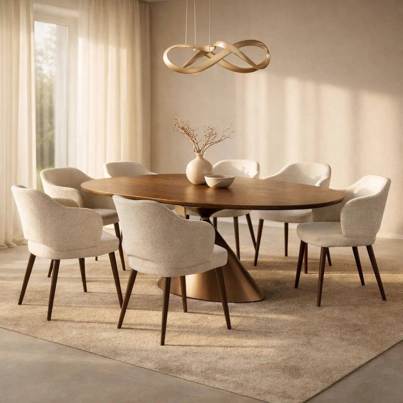 Mesa de comedor  Atria ovalada en nogal con base metálica bronce