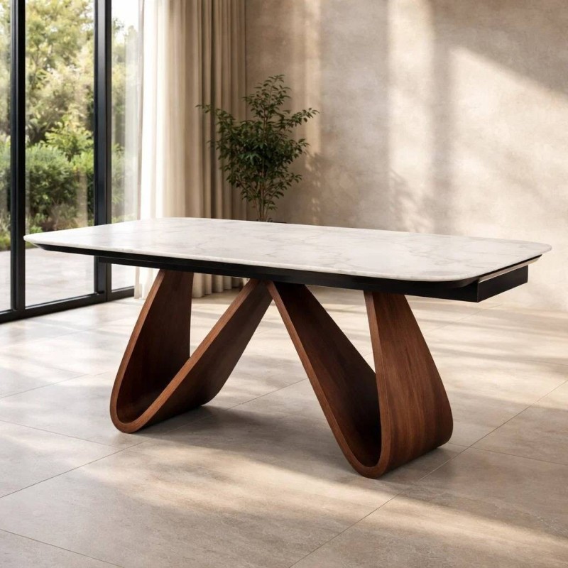 Mesa de comedor extensible Ventum en cerámica blanca y madera nogal
