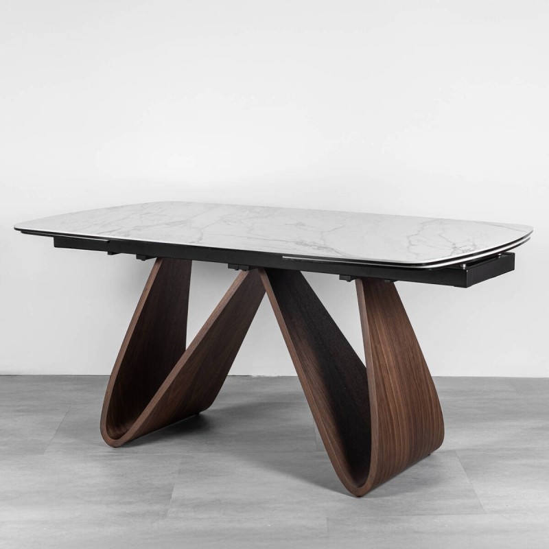 Ventum extendable dining table in white ceramic and walnut wood