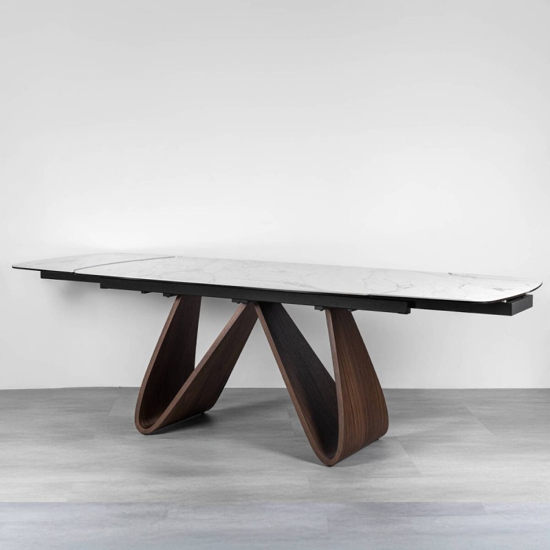 Ventum extendable dining table in white ceramic and walnut wood