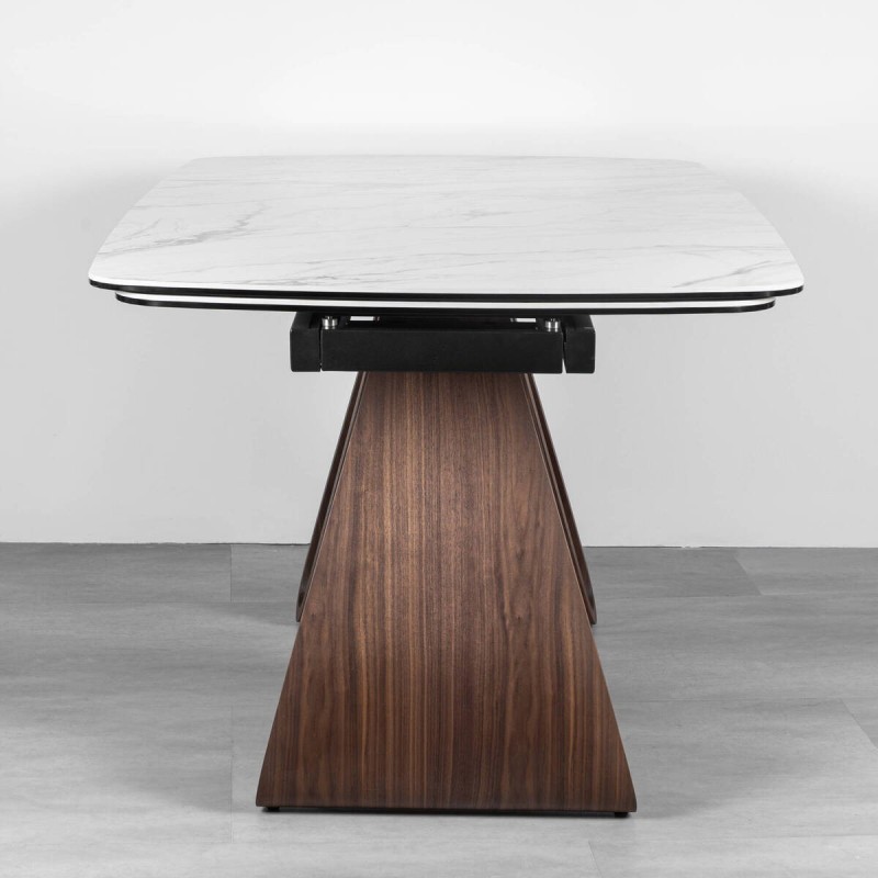 Mesa de comedor extensible Ventum en cerámica blanca y madera nogal