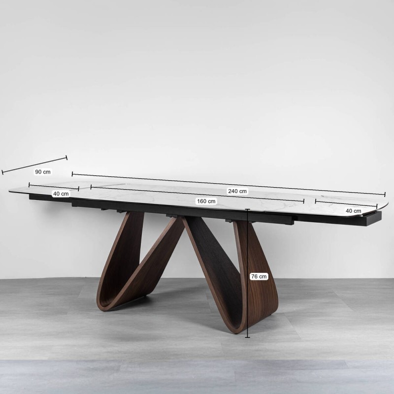 Mesa de comedor extensible Ventum en cerámica blanca y madera nogal