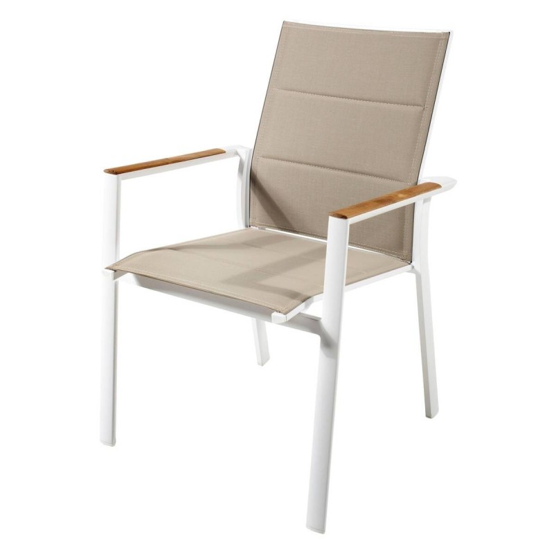 Silla de exterior aluminio blanco tejido taupe con brazos teca 61x65x92cm