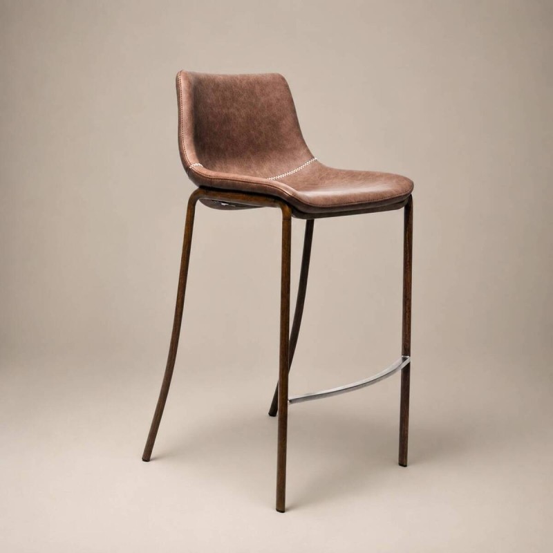 Brown faux leather high stool - walnut metal legs 50x50x105cm