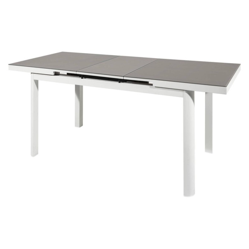 Extendable rectangular outdoor dining table, aluminum and taupe glass, 140/180x75x76cm