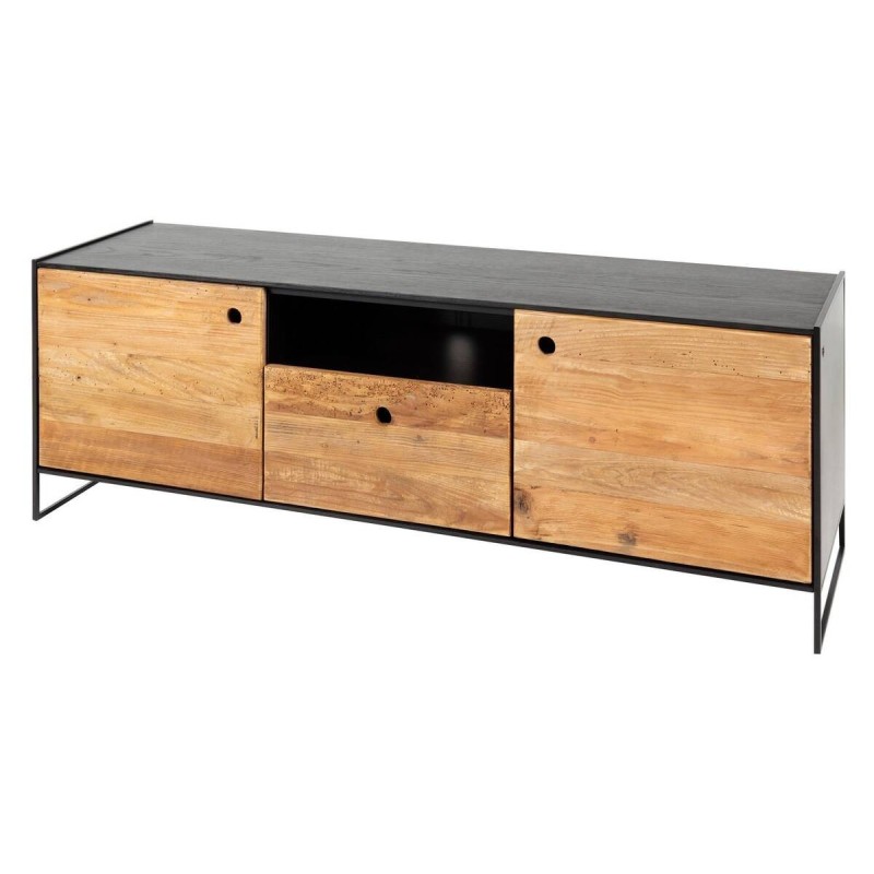 TV stand made of recycled pine wood - black metal legs 144.5 x 40 x 51cm