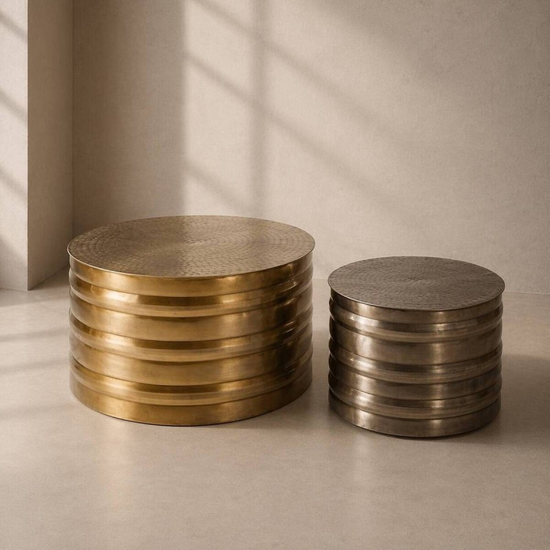 Set of two round Berber metal coffee tables, gold and silver, 75x38cm and 60x34cm