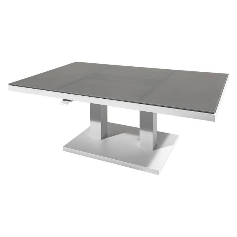 Mesa de centro elevable aluminio blanco tapa cristal gris 140x85x49/72cm