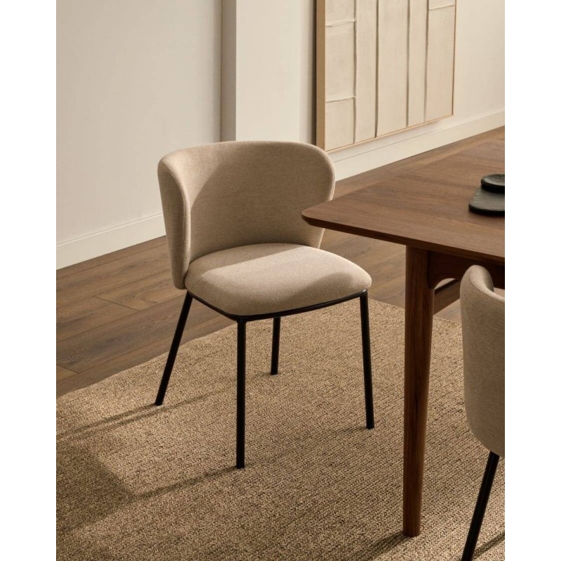 Silla ciselia de chenilla beige claro y acero negro 75x52x55 cm
