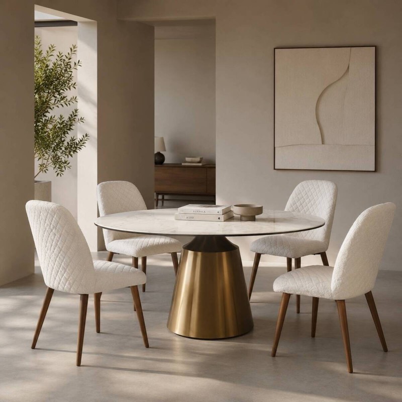 Mesa de comedor redonda nacaré con tapa de cerámica y base cónica dorada 135x76cm