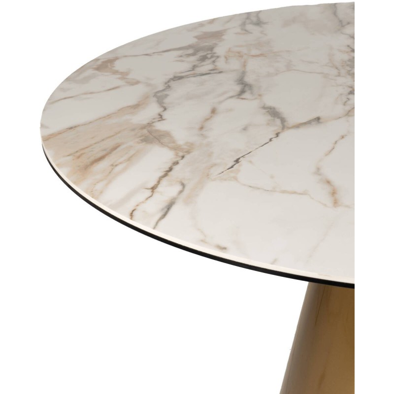 Mesa de comedor redonda nacaré con tapa de cerámica y base cónica dorada 135x76cm