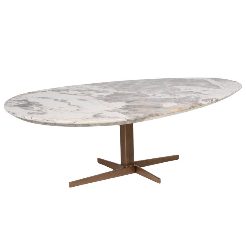 Mesa de centro ovalada pie de metal bronce con tapa de marmol 130x80x40cm