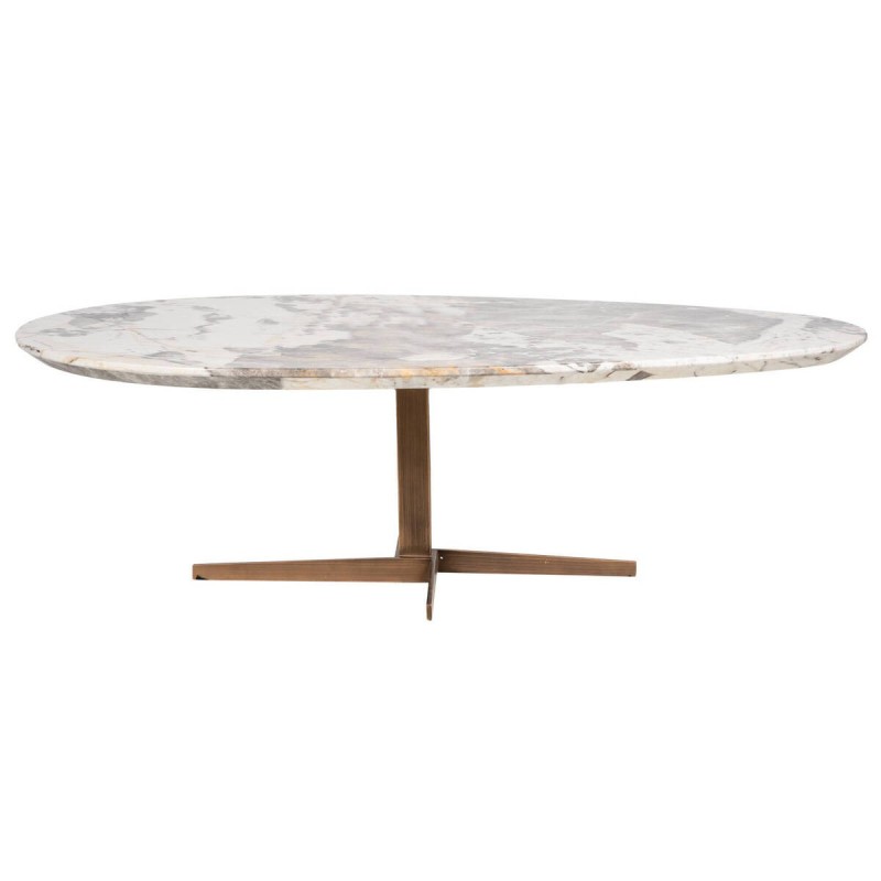 Mesa de centro ovalada pie de metal bronce con tapa de marmol 130x80x40cm