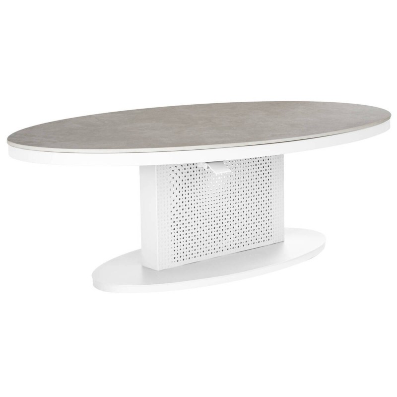 Mesa de centro elevable ovalada de aluminio blanco y tapa de cristal piedra 150x90x51/72cm