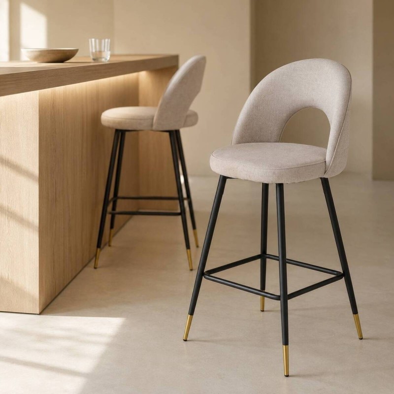 Dark beige fabric stool with black iron legs and gold detail, 65cm