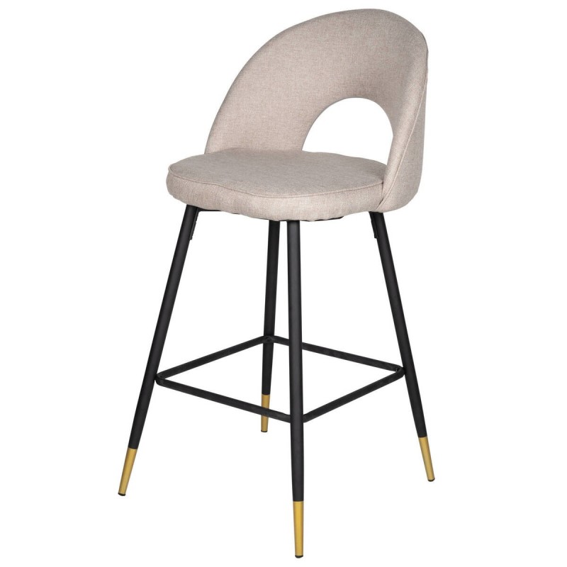 Dark beige fabric stool with black iron legs and gold detail, 65cm
