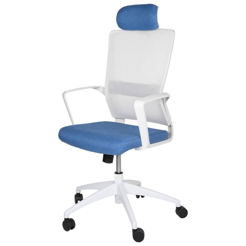 Ergonomic office chair, white nylon, blue seat, 59x55x125cm