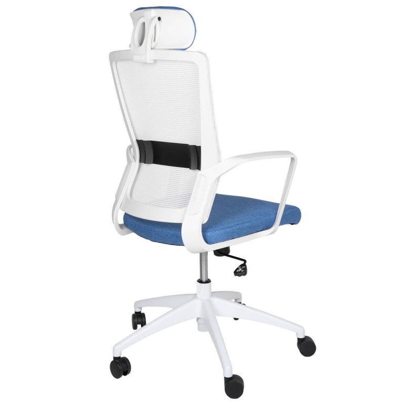 Ergonomic office chair, white nylon, blue seat, 59x55x125cm