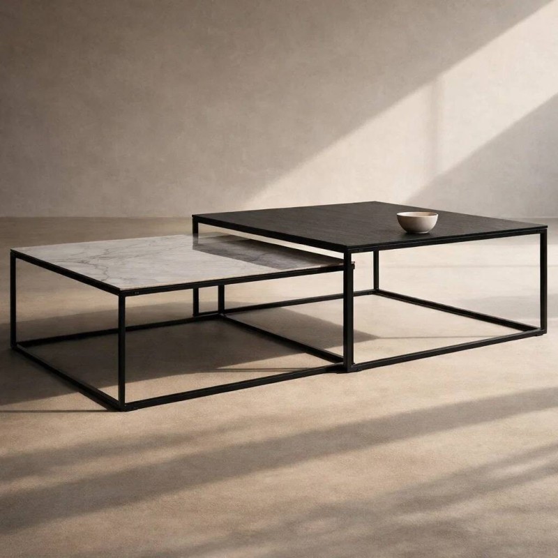 Set de mesas de centro de cristal y cerámica con base de hierro negro 150x80x36cm