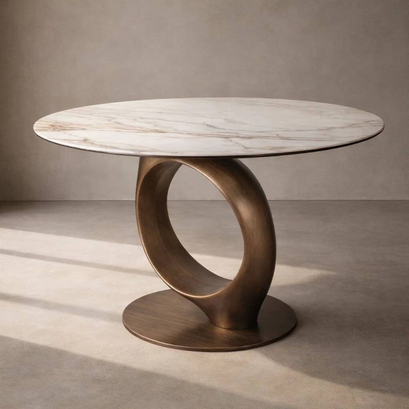 Mesa comedor redonda de cerámica y base de bronce cepillado 120x76cm
