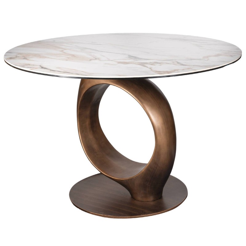 Mesa comedor redonda de cerámica y base de bronce cepillado 120x76cm