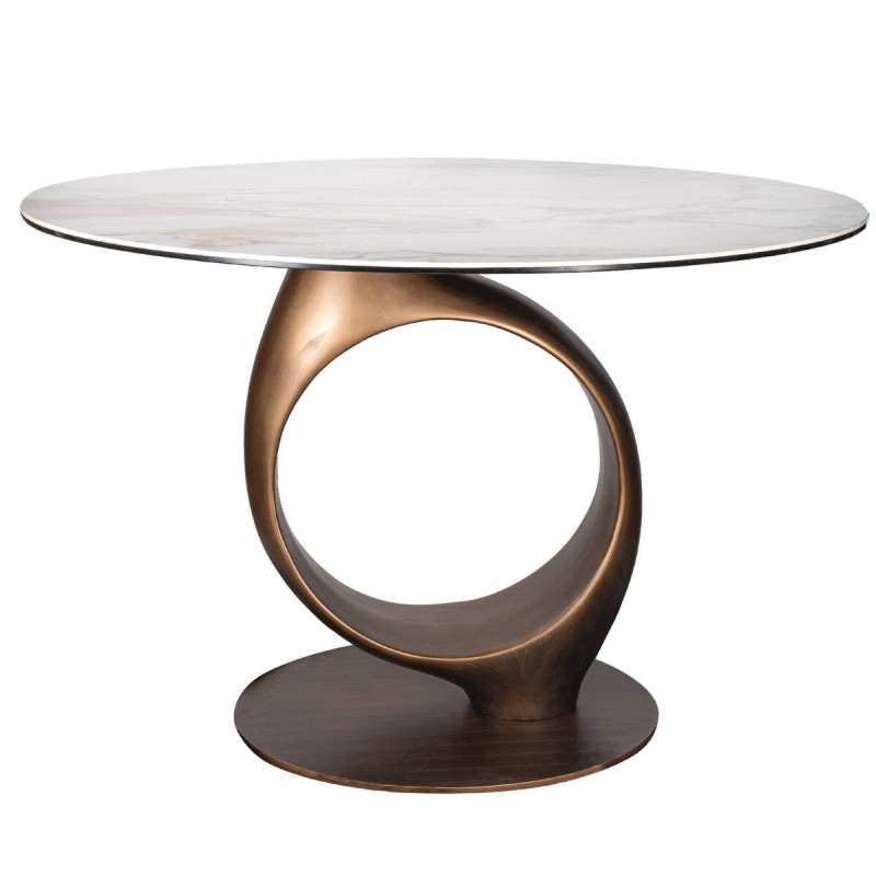 Mesa comedor redonda de cerámica y base de bronce cepillado 120x76cm
