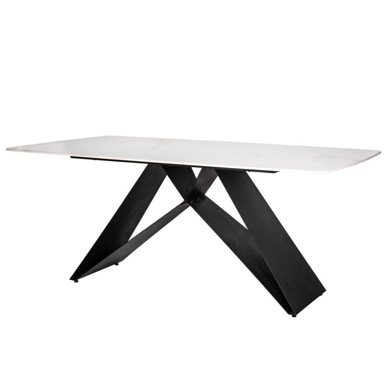 Zendra table with white ceramic top and black cross legs, 180x90x75cm