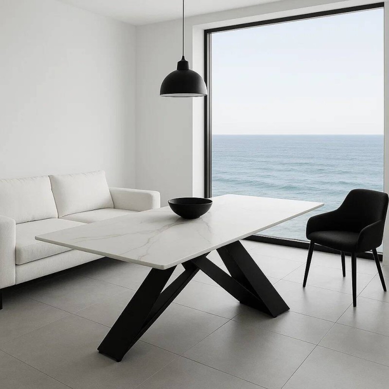 Zendra table with white ceramic top and black cross legs, 180x90x75cm