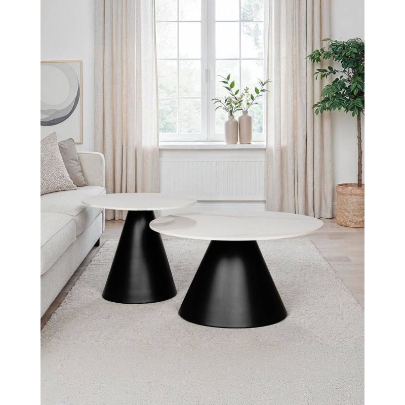 Set 2 mesas elara de tapa de cerámica blanca y base cónica hierro 50x46 - 70x40cm